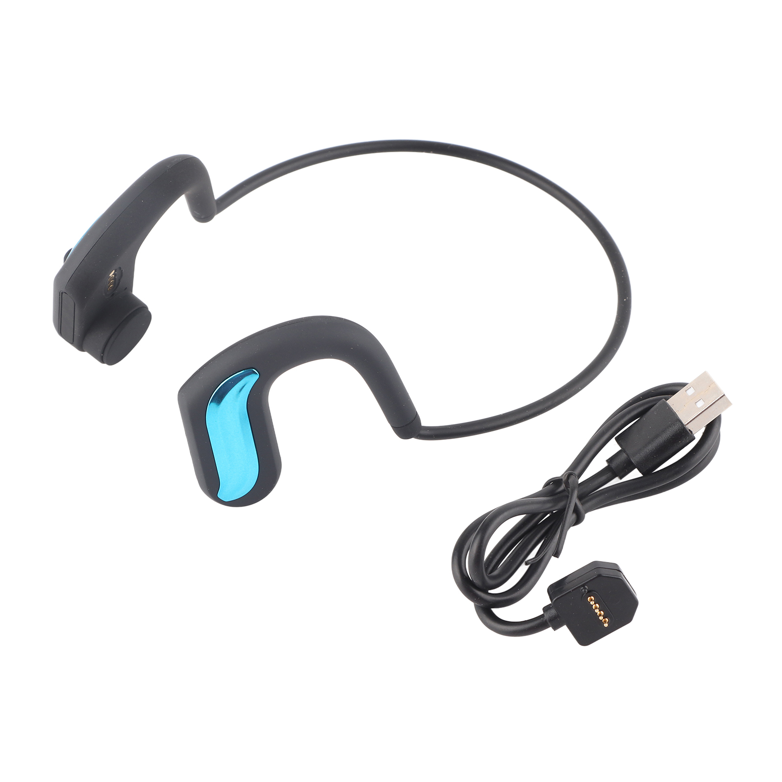Knochenleitungskopfhörer, schwarz und blau, mit einem USB-Ladekabel.