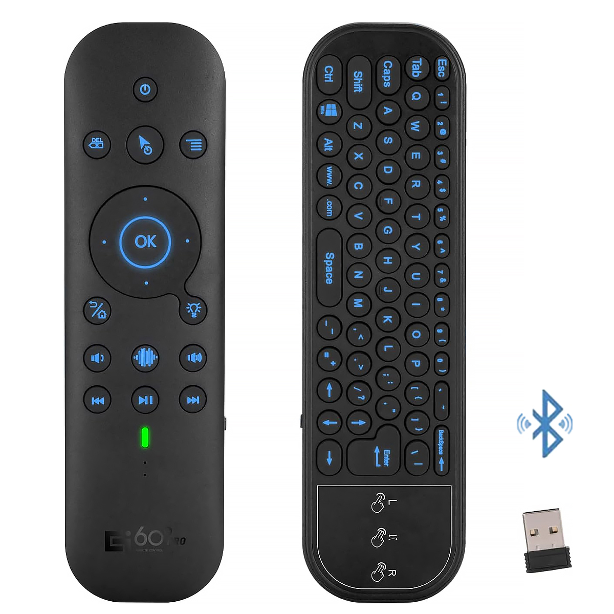 Schwarze Fernbedienung mit Tastatur und USB-Empfänger. Mit Tasten und Touchpad zur Navigation.