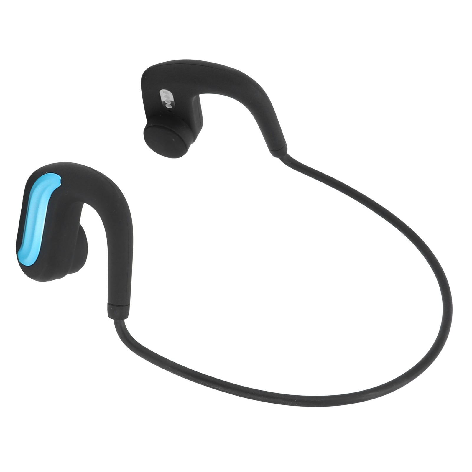 Schwarze und blaue Sport-Ohrhörer. Es hat eine Hakenform für das Ohr.