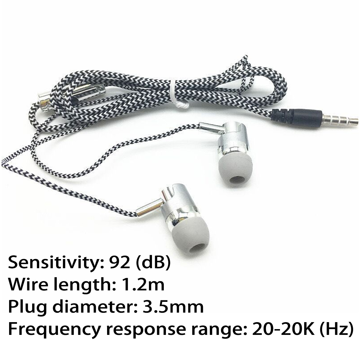 Kopfhörer mit silbernem Gehäuse und grauen Spitzen. Das Kabel ist schwarz und weiß. Text mit Spezifikationen.
