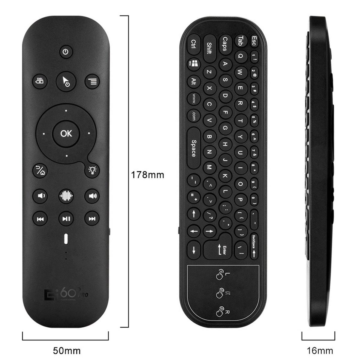 Schwarze Fernbedienung mit Tasten, Tastatur und Abmessungen.