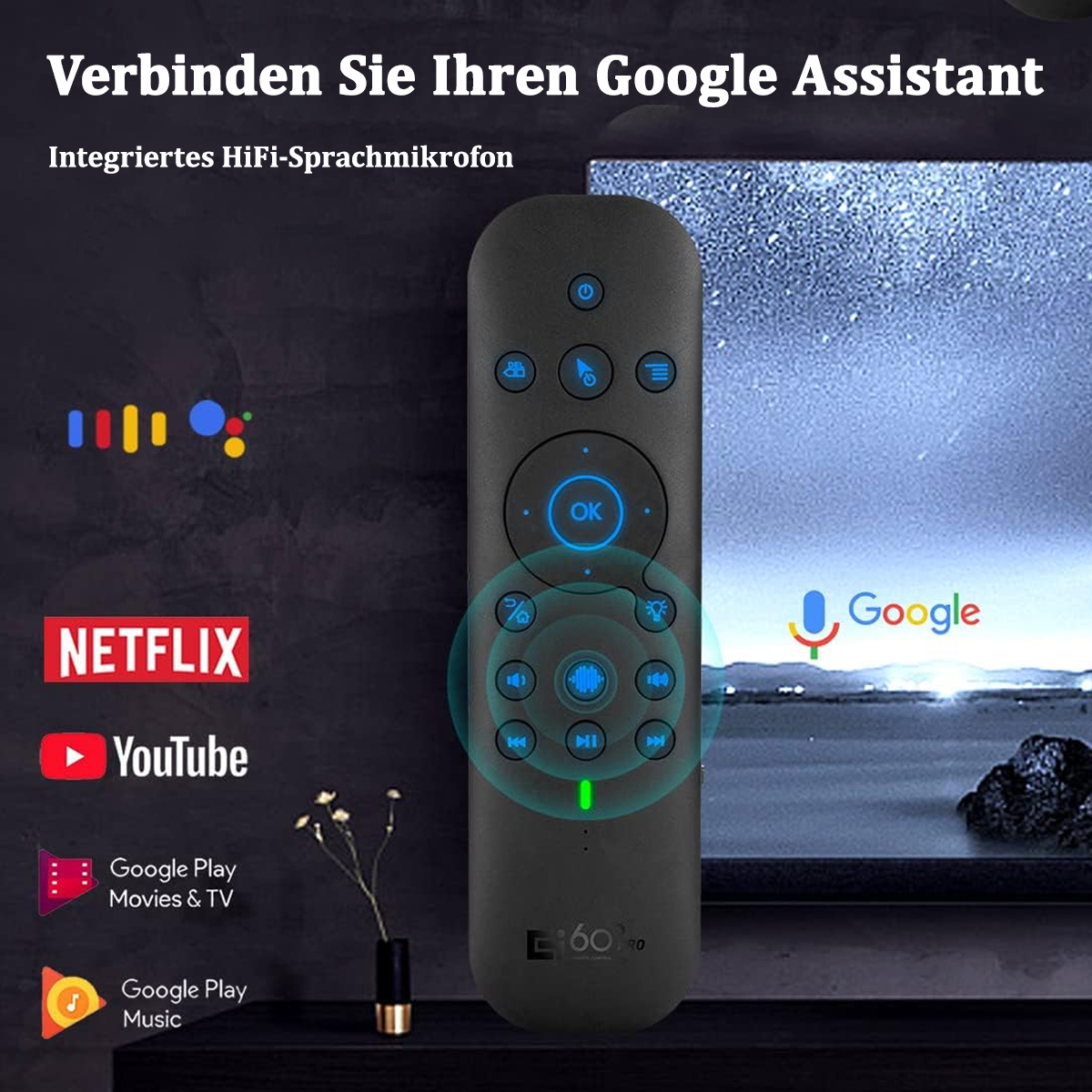 Eine schwarze Fernbedienung mit verschiedenen Tasten und Symbolen, die die Google Assistant-Integration veranschaulichen.