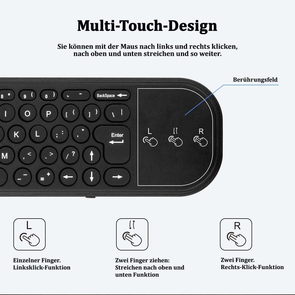 Schwarze Tastatur mit Touchpad und Tasten, weißer Hintergrund. Diagramme für Klickfunktionen.