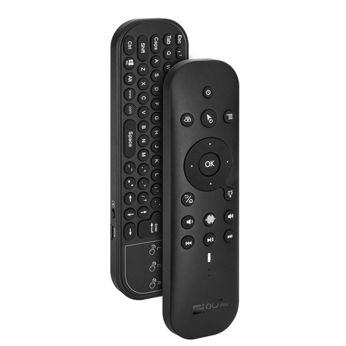 Zwei schwarze Fernbedienungen. Eine hat eine Tastatur, die andere hat Knöpfe.
