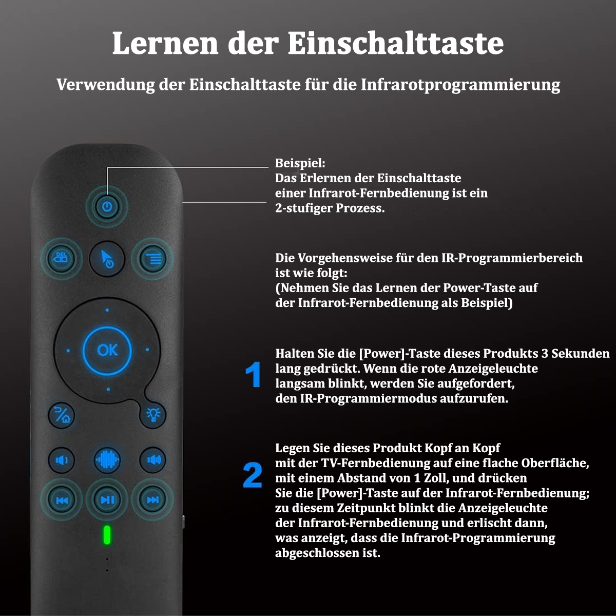 Fernbedienung mit Tasten, Text auf Deutsch. Anweisungen und Diagramm zum Erlernen der Power-Taste.