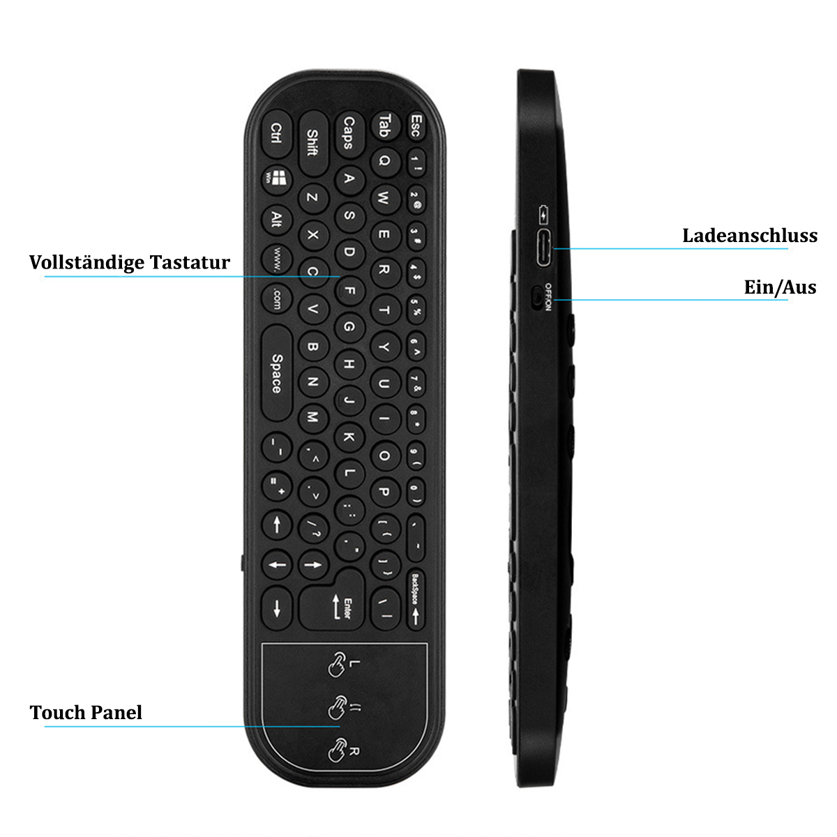 Schwarze Mini-Tastatur mit Touchpad. Beschriftungen: Strg, Tab, Feststelltaste, Umschalt, Leertaste, Eingabe, Pfeiltasten. Seitenansicht: Ein/Aus-Taste.