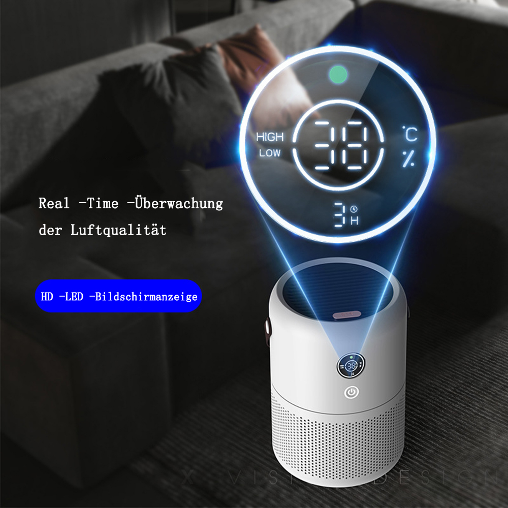 Weißer und schwarzer Luftreiniger mit Temperatur- und Luftqualitätsmessungen, mit Sofa im Hintergrund.