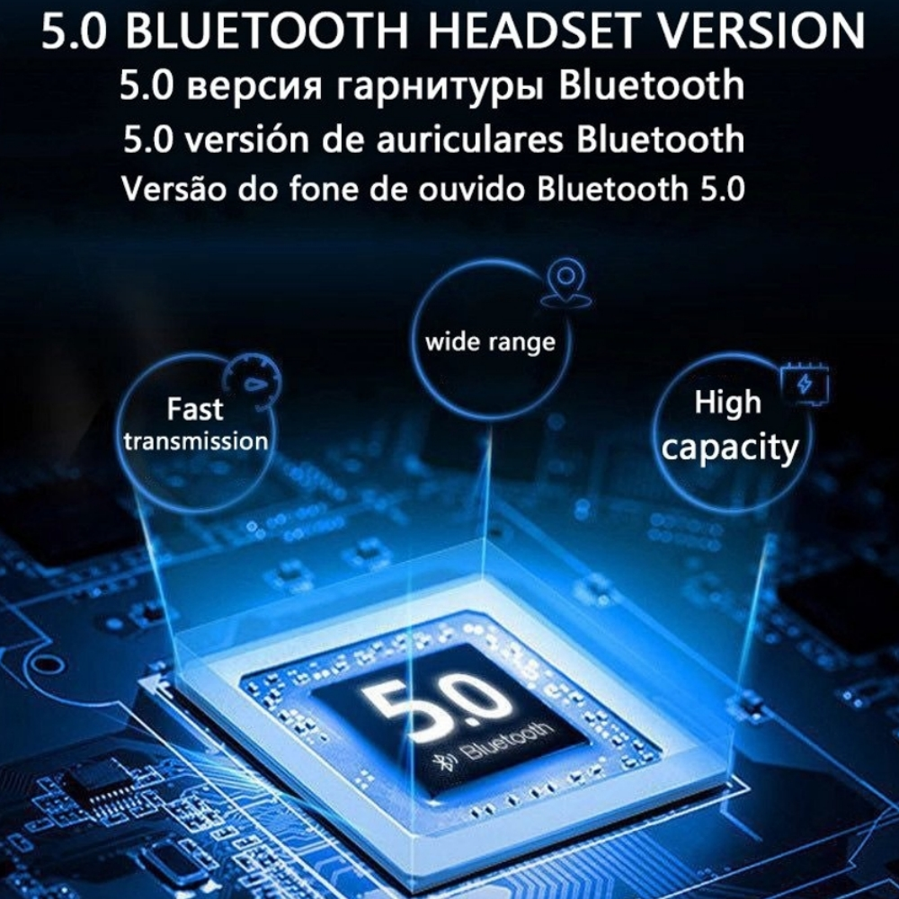 Bluetooth-Headset mit blauem Licht und Textüberlagerungen, die seine Funktionen zeigen.