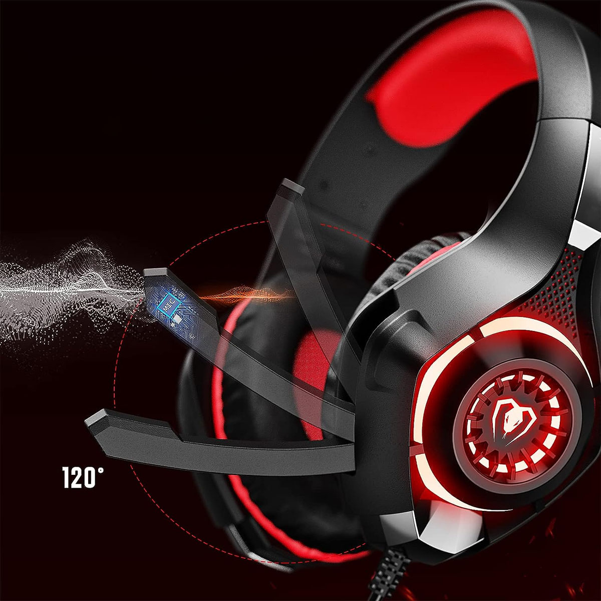 Gaming-Headset mit roten Akzenten und Mikrofon. Das Mikrofon kann sich um 120 Grad drehen.