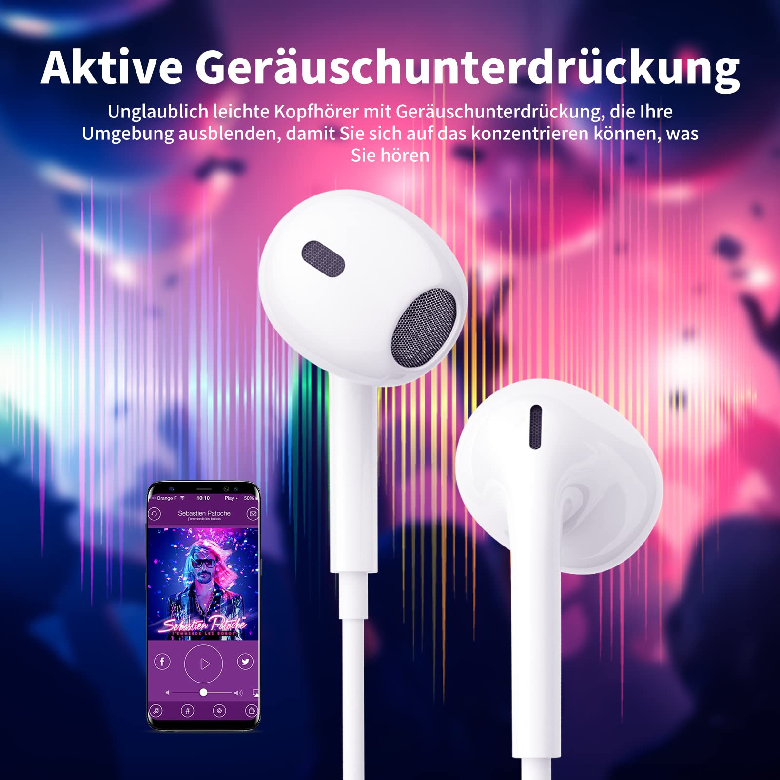 Weiße Ohrhörer mit deutschem Text. Ein Smartphone-Bildschirm zeigt die Musikplayer-Oberfläche.