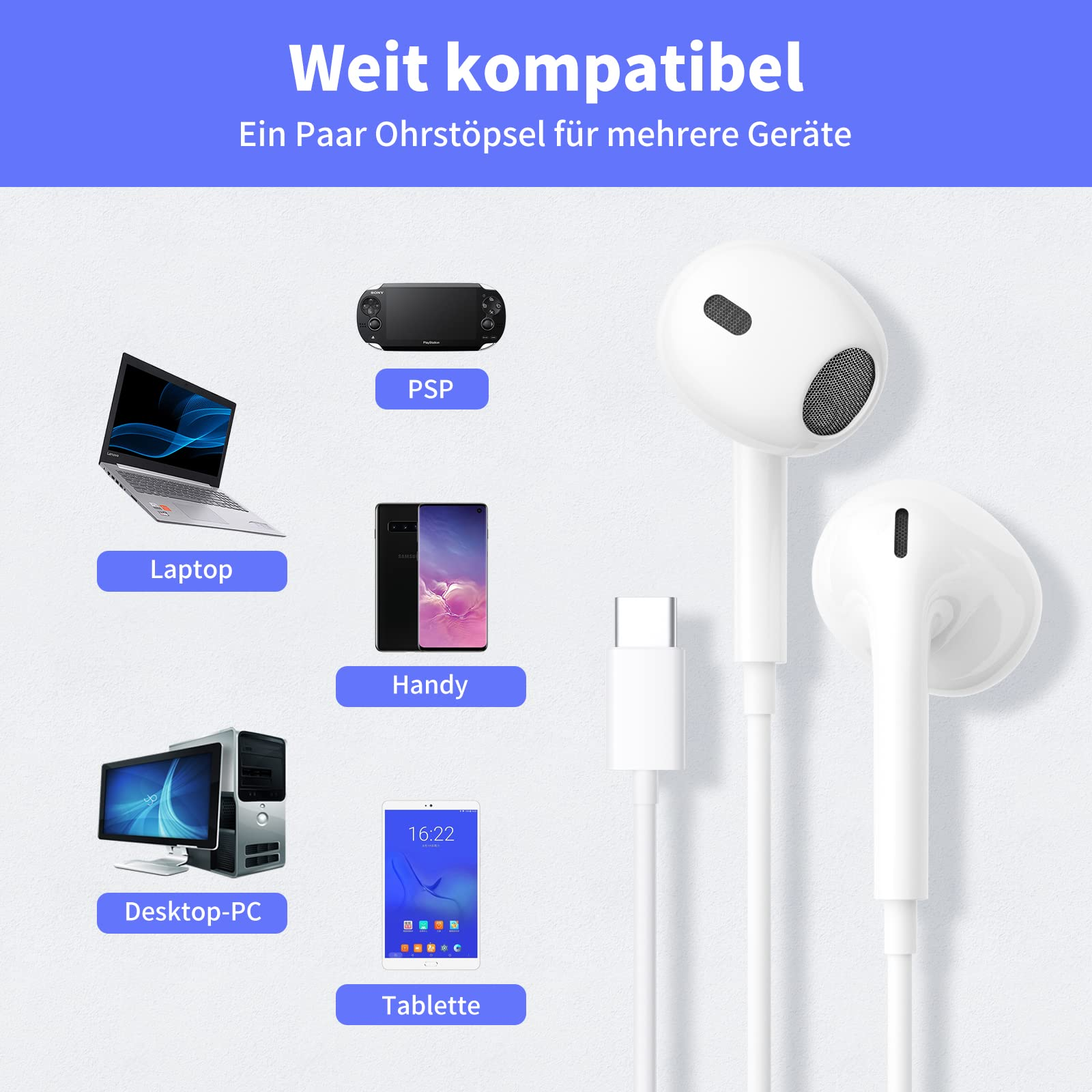 Weiße Ohrhörer, kompatibel mit mehreren Geräten, abgebildet neben verschiedenen Elektronikgeräten: Tablet, Laptop usw.
