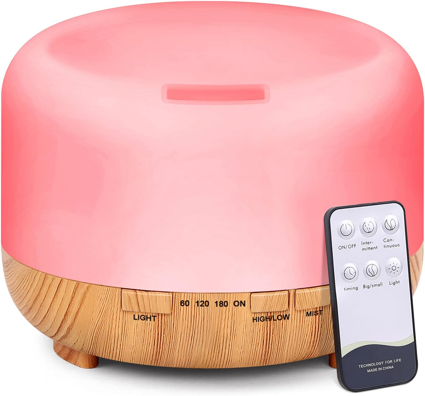 Rosa und holzfarbener Diffusor für ätherische Öle mit Fernbedienung. Der Diffusor hat eine runde Form.