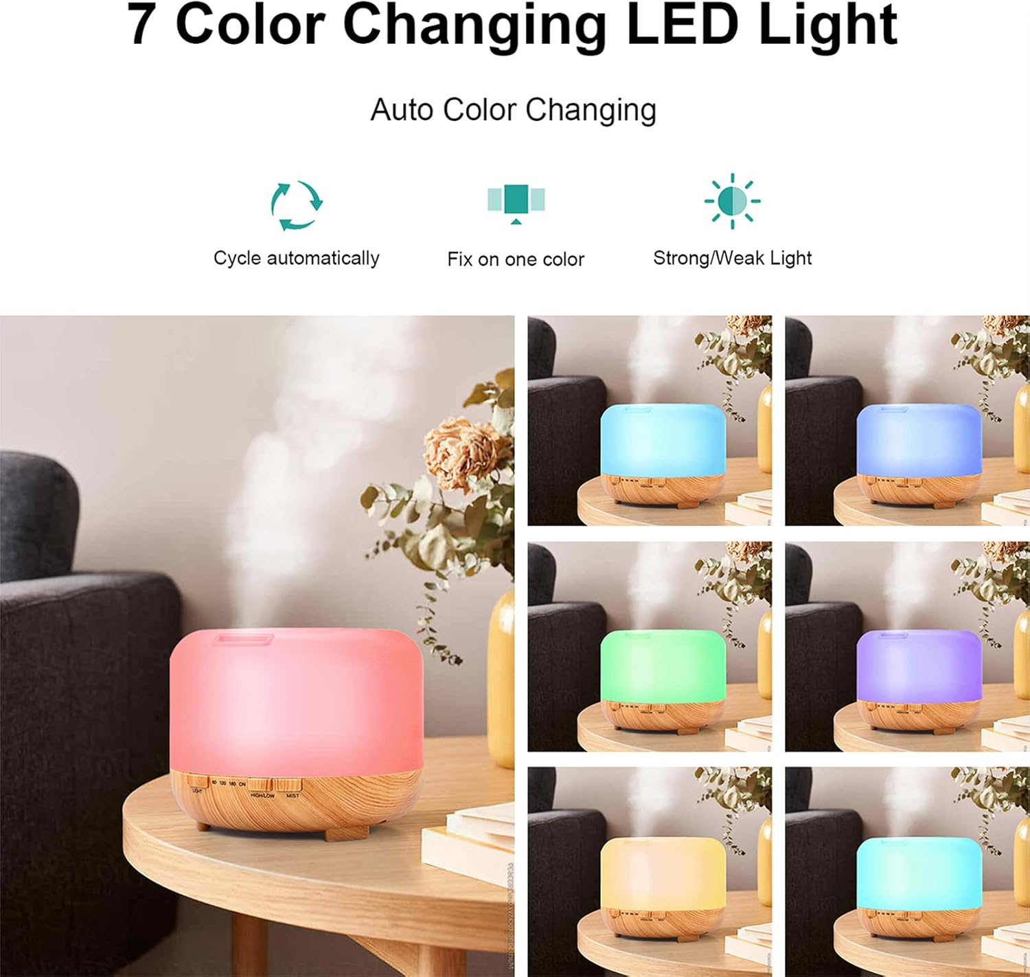 Ein Aromadiffusor mit 7 farbwechselnden LED-Leuchten. Symbole zeigen automatischen Zyklus, Einzelfarbenfixierung und Lichtintensität.