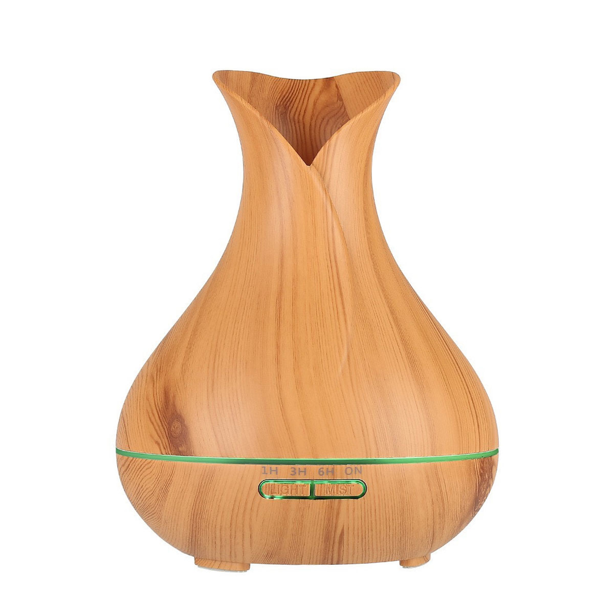 Holzfarbener Diffusor für ätherische Öle mit vasenähnlicher Form. Er hat ein grünes Lichtband.