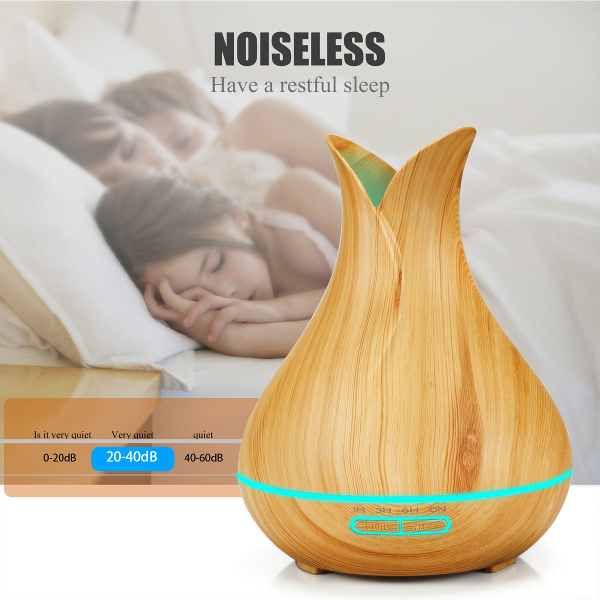 Ein ätherischer Öldiffusor mit Holzmaserung, der blaues Licht abgibt. Im Hintergrund ist ein Bett zu sehen.