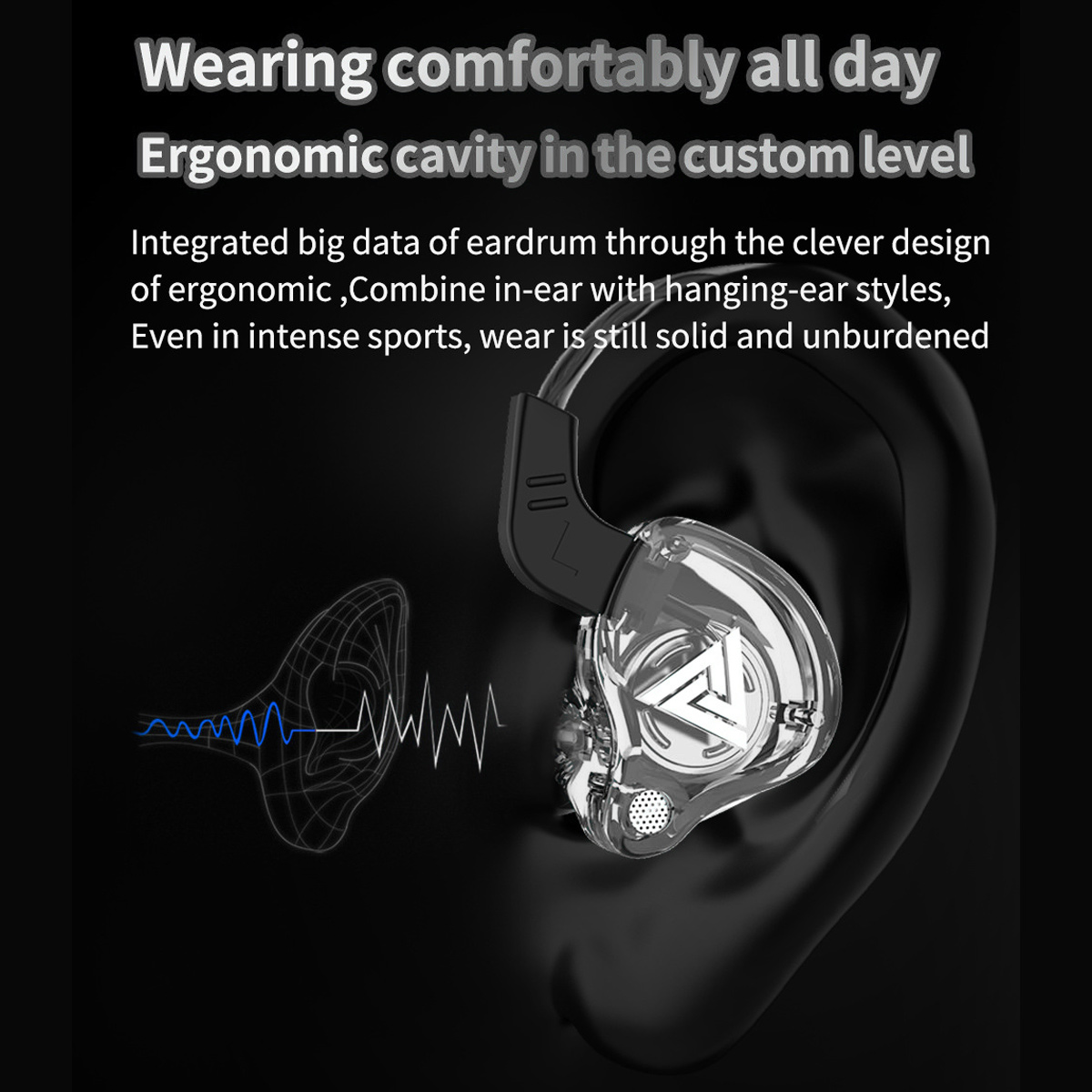 Kopfhörer mit ergonomischem Design, In-Ear-Stil. Schwarz und transparent, mit Text über Komfort.