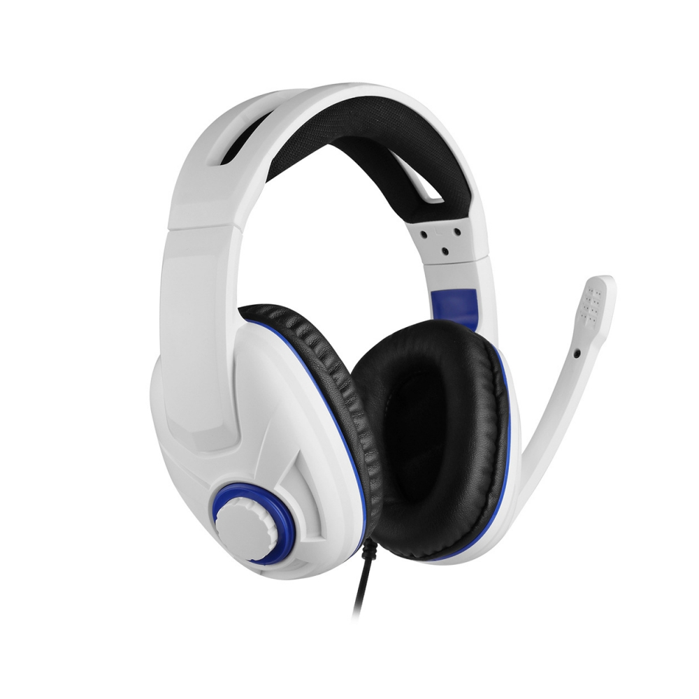 Weißes Gaming-Headset mit blauen Akzenten, schwarzen Ohrpolstern und Mikrofon, auf Weiß.