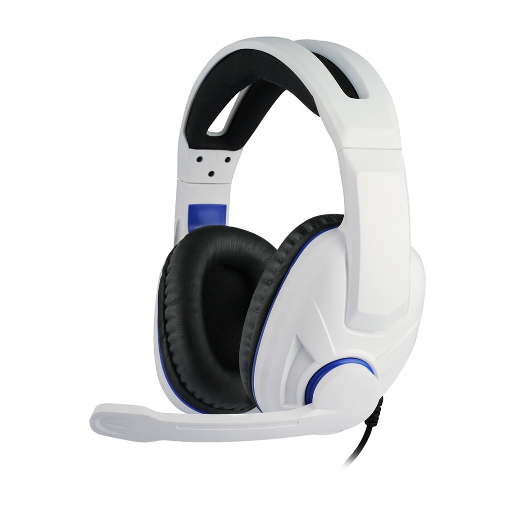 Weißes Gaming-Headset mit blauem Akzent und Mikrofon, auf weißem Hintergrund.