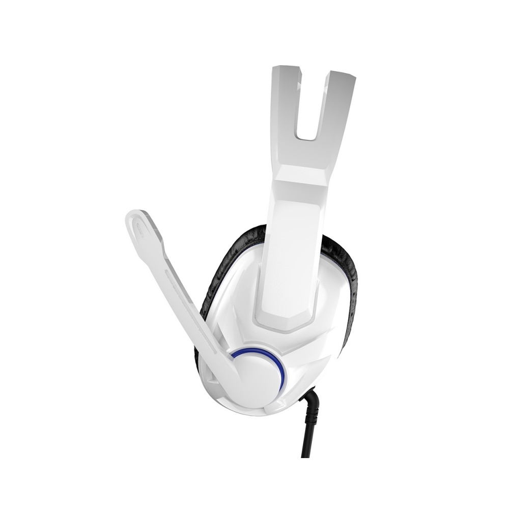 Weißes Gaming-Headset mit Mikrofon und schwarzem Kabel.