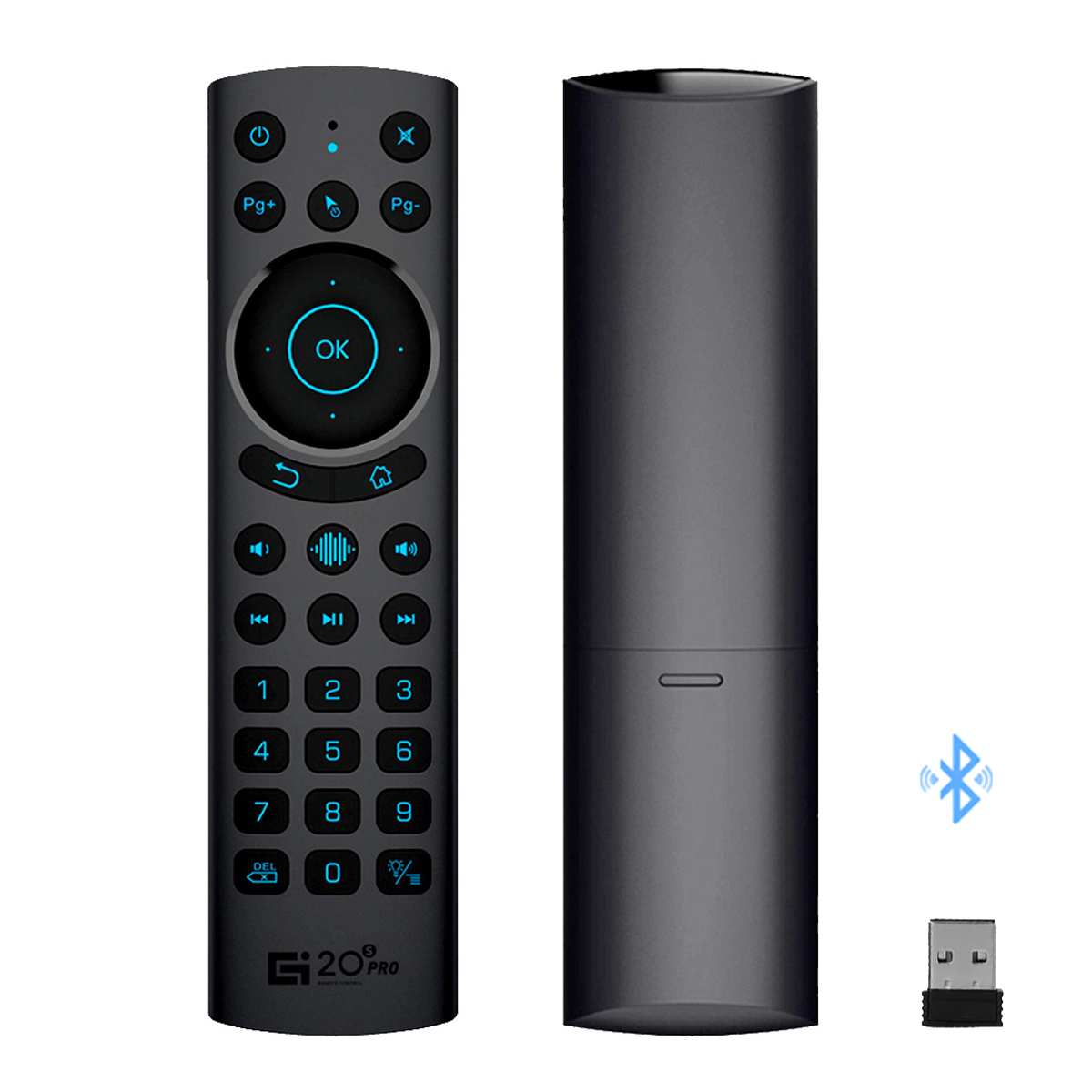 Schwarze Fernbedienung mit Knöpfen und USB-Empfänger. Weißer Hintergrund.