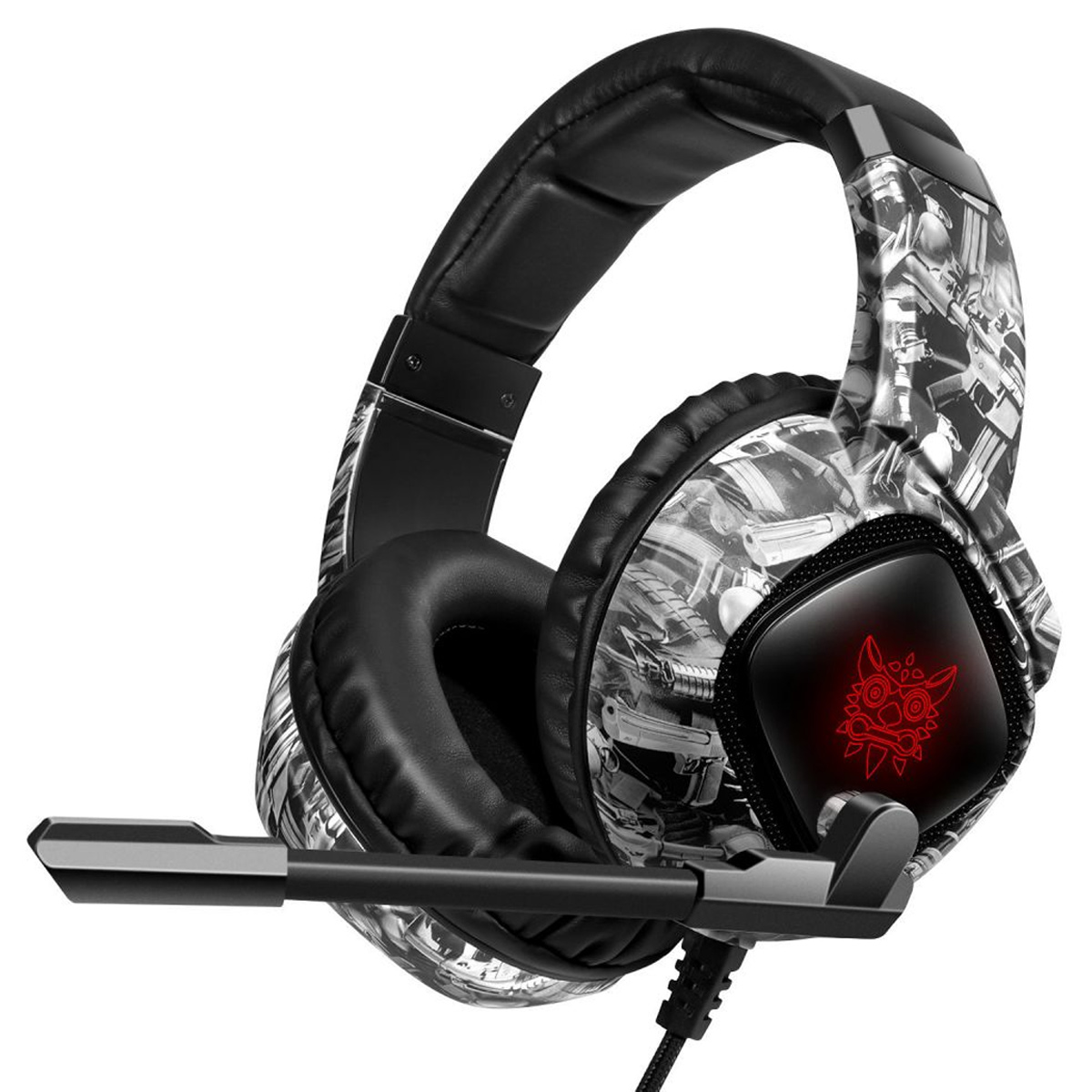 Gaming-Headset mit Schwarz-Weiß-Design, Mikrofon und rotem Licht auf der Ohrmuschel.