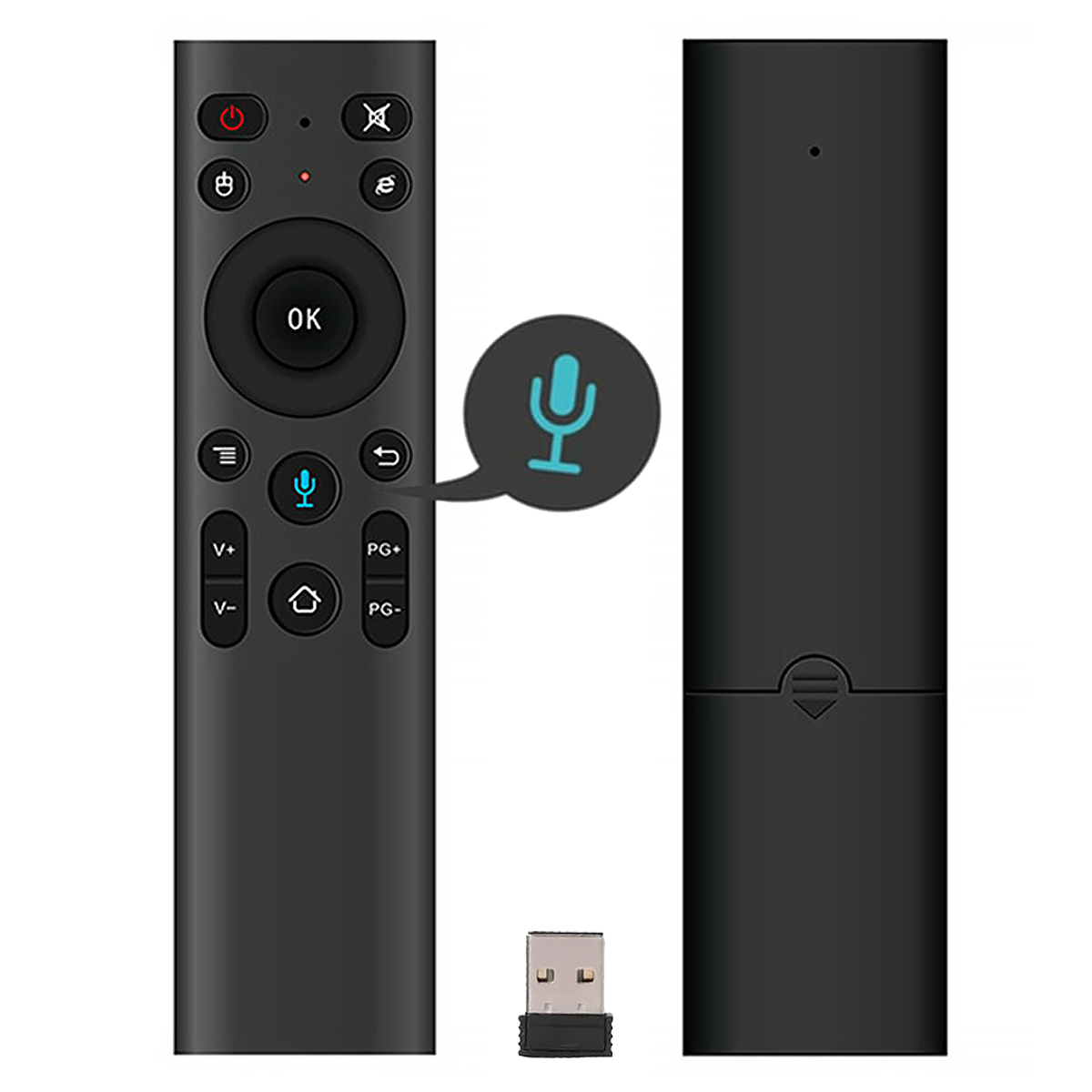 Schwarze Fernbedienung. Sie hat viele Knöpfe und ein Mikrofonsymbol. Ein USB-Empfänger ist vorhanden.