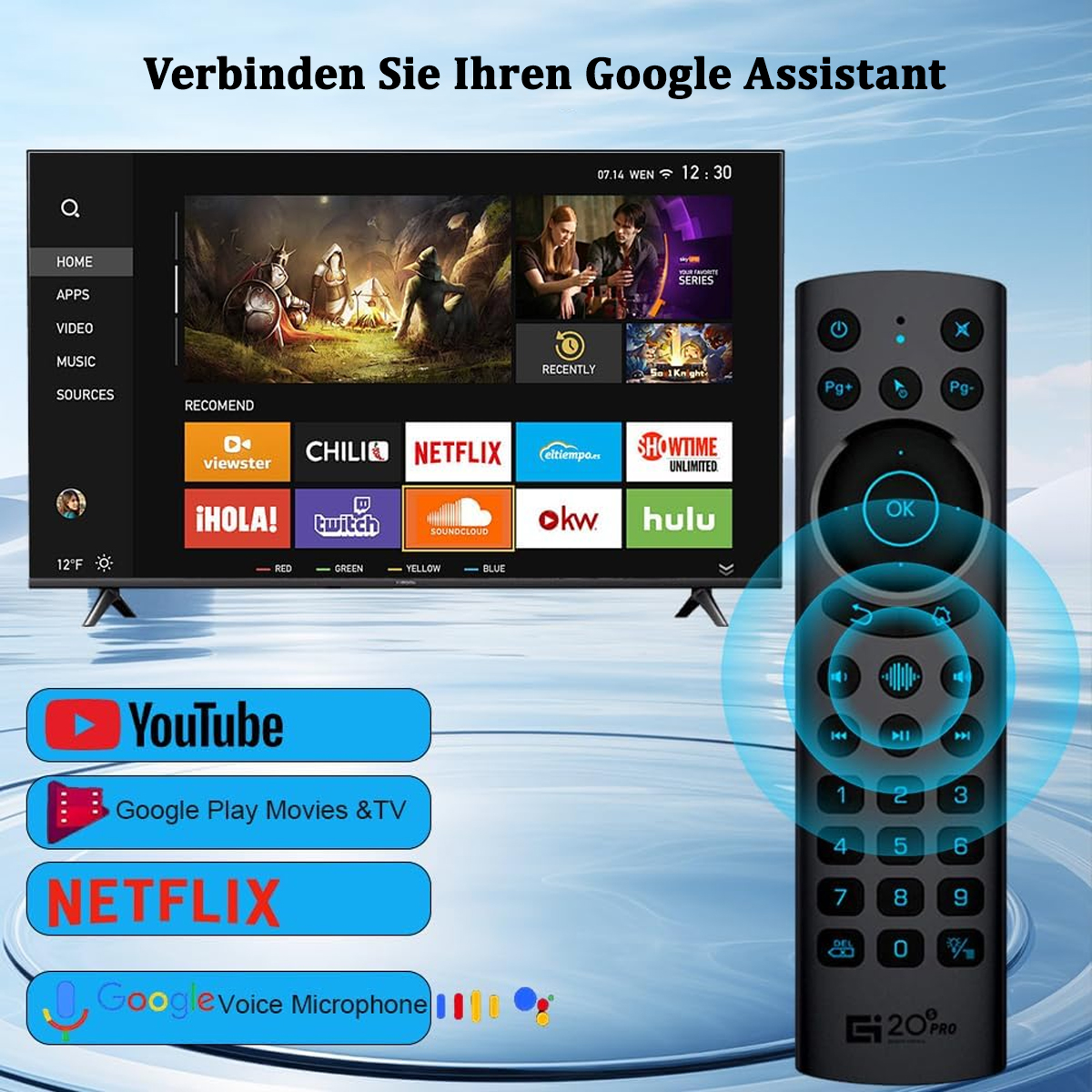 Ein Smart-TV zeigt Streaming-Apps an, eine Fernbedienung ist im Vordergrund. Verschiedene App-Symbole sind sichtbar.