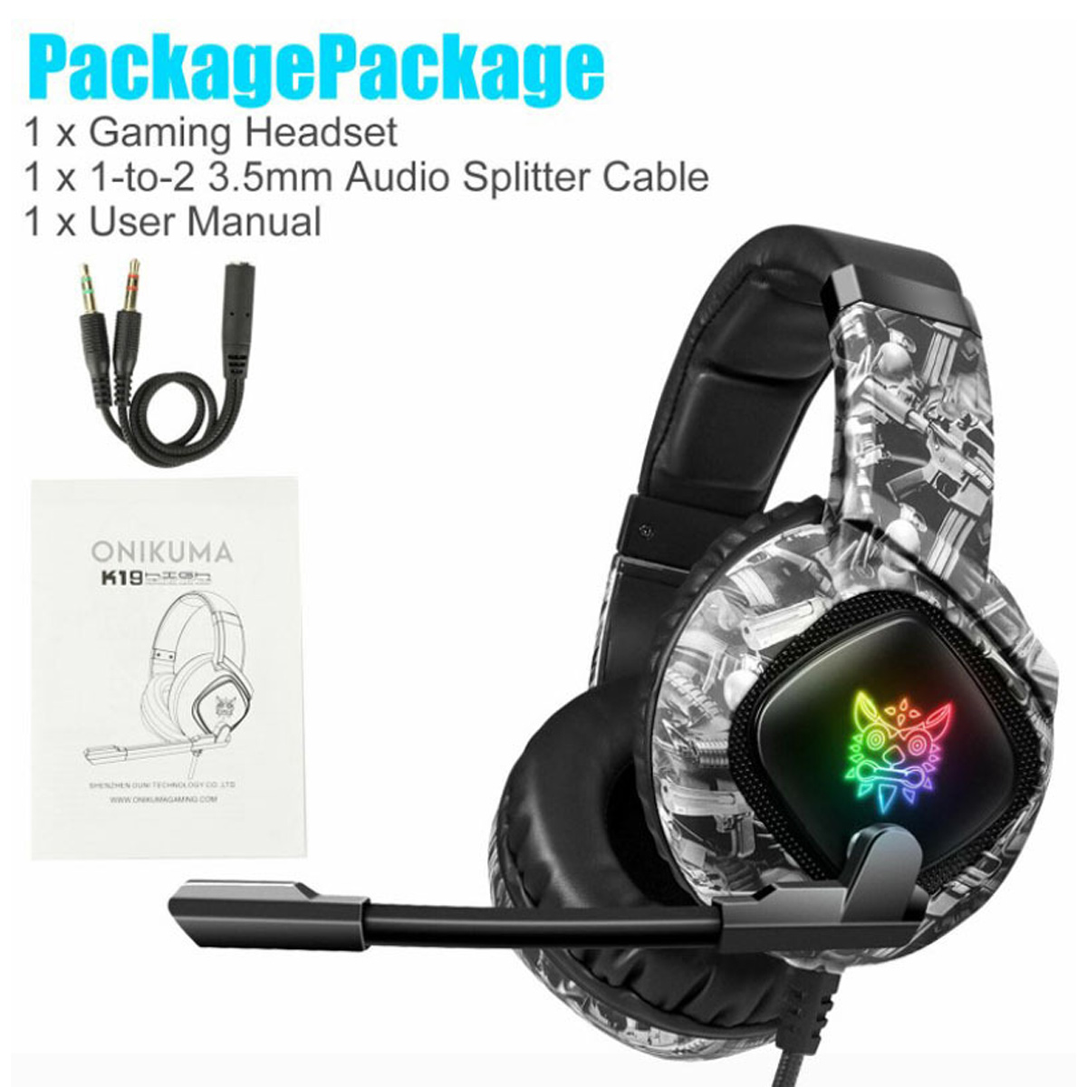 Gaming-Headset mit Mikrofon, Kabel und Benutzerhandbuch neben einer Box.