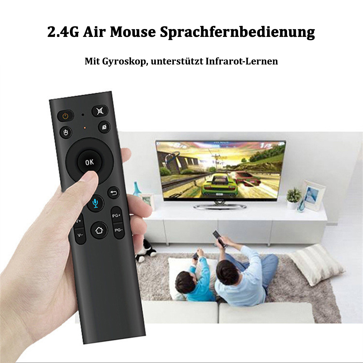 Mann hält Fernbedienung vor dem Fernseher. Zwei Personen sehen fern. Text auf Deutsch.