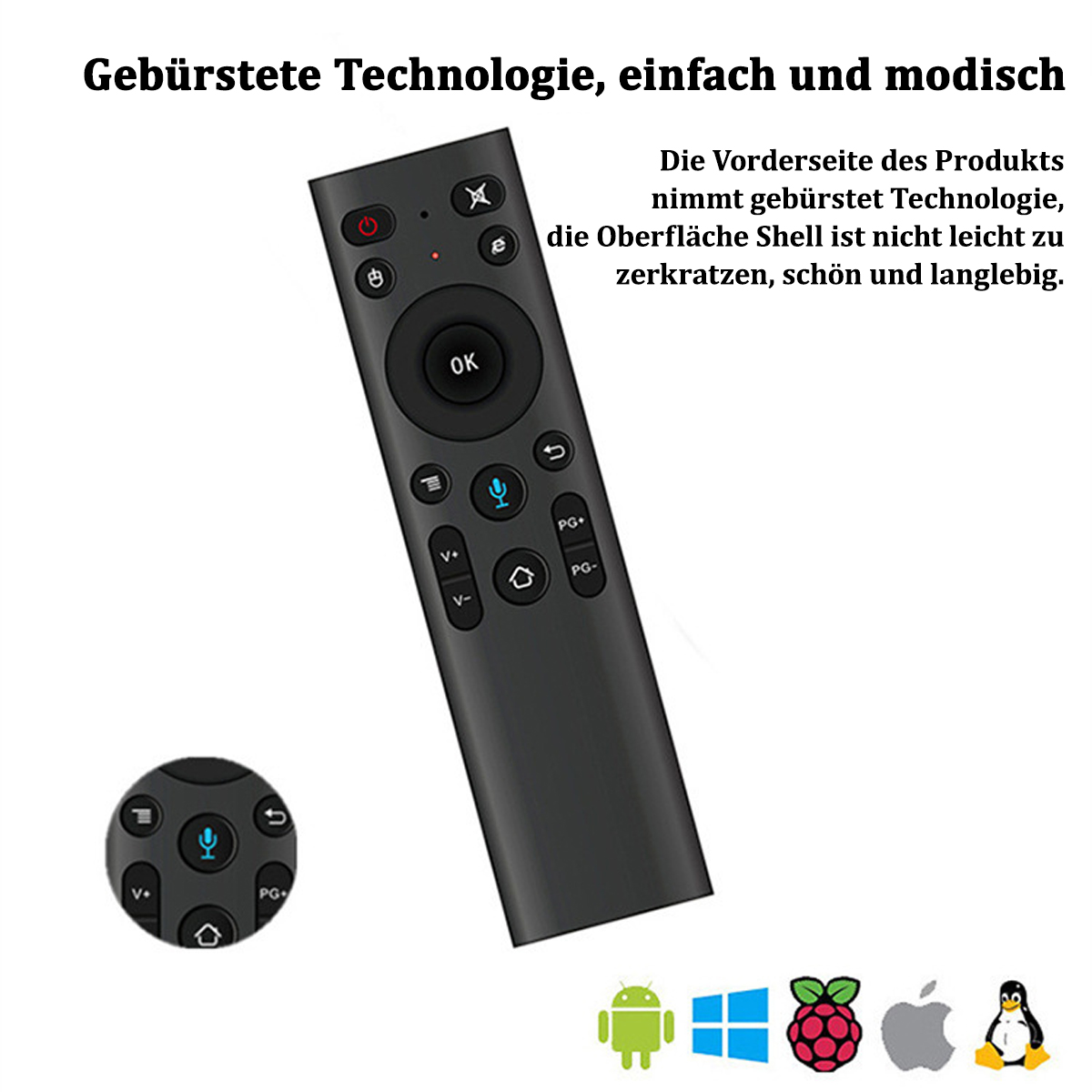 Eine schwarze Fernbedienung mit mehreren Tasten und Symbolen. Der Text lautet 'Gebürstete Technologie'.