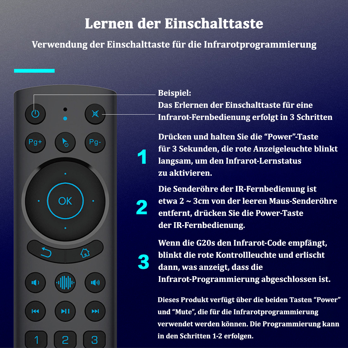 Anleitung zur Programmierung einer Fernbedienung, mit Schritten und Symbolen. Text auf Deutsch.