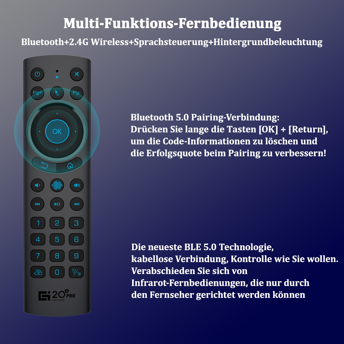 Eine G20 PRO Fernbedienung mit Tasten und Text, der die Bluetooth-Pairing-Anweisungen erklärt.