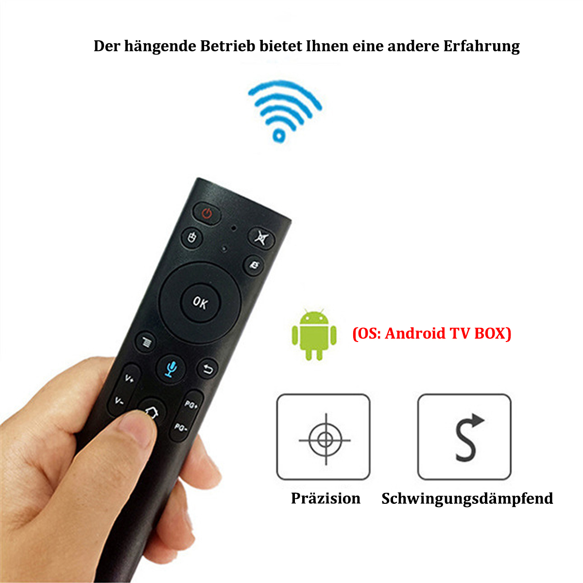 Eine Hand, die eine schwarze Fernbedienung hält. Symbole für WLAN, Präzision und Schwingungsdämpfung werden angezeigt.