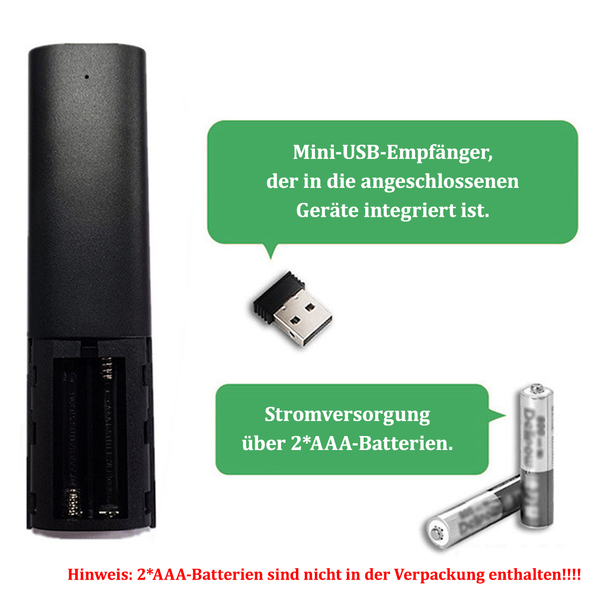 Fernbedienung mit offenem Batteriefach, AAA-Batterien und USB-Empfänger.