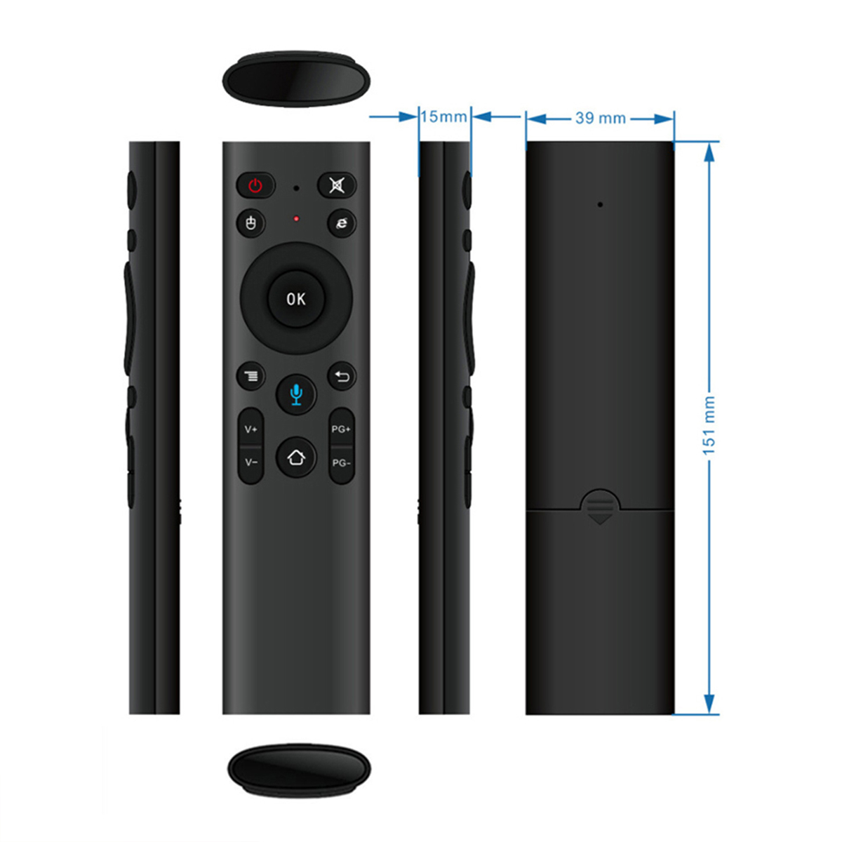 Schwarze TV-Fernbedienung mit Maßangaben: 15 mm, 39 mm und 151 mm.