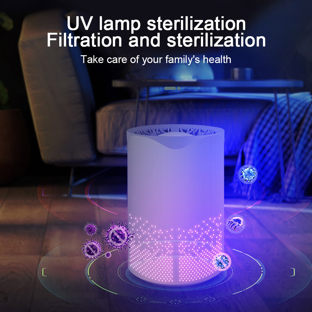 UV-Lampe sterilisiert. Die Lampe ist weiß, der Raum ist dunkel, mit violettem Licht.