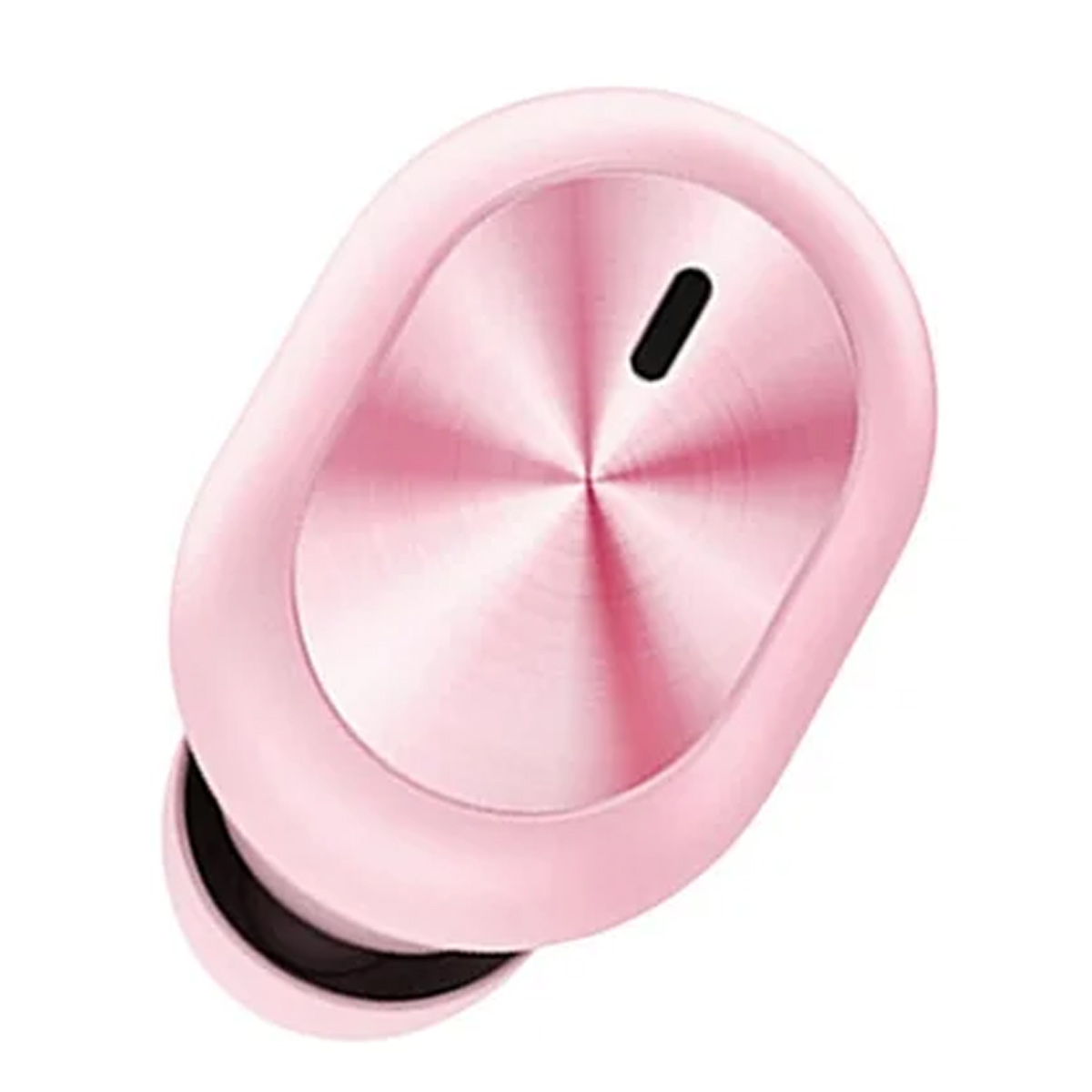 Rosa, oval geformter kabelloser Ohrhörer. Es ist einfarbig rosa mit einem metallischen Zentrum.