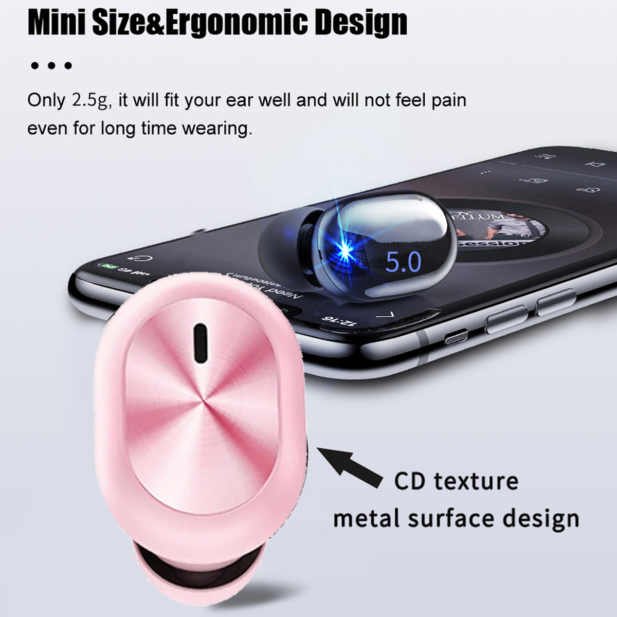 Rosa Ohrhörer und ein Telefon. Text: Mini Größe & ergonomisches Design, CD-Textur-Metalldesign.