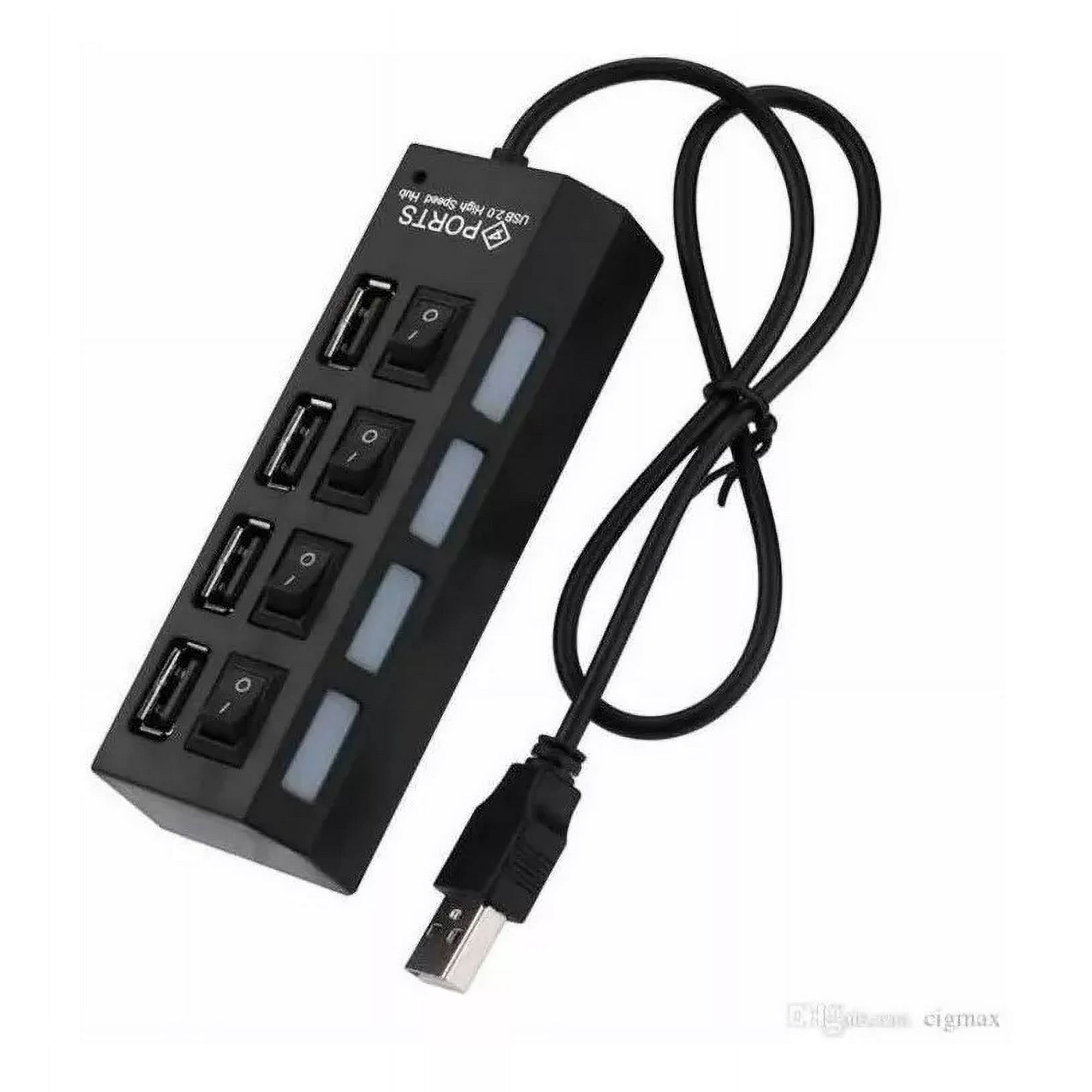 Schwarzer USB-Hub mit 7 Anschlüssen und Schaltern. USB-Kabel.