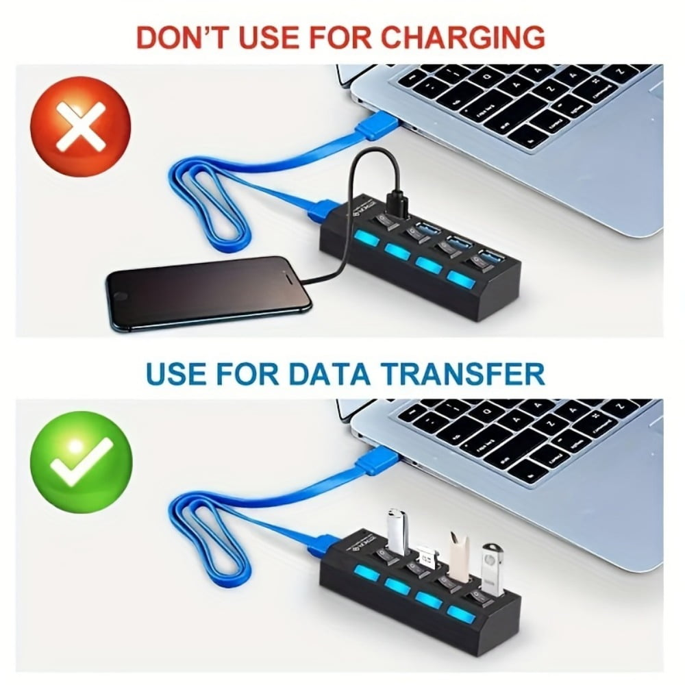 USB-Hub, mit Telefon und Laptop. Zeigt Lade- und Datenübertragungsszenarien.