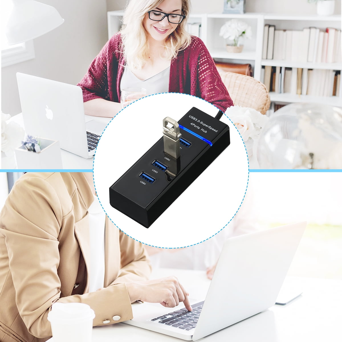 Eine Frau arbeitet an einem Laptop. Ein USB-Hub befindet sich vor ihr. Ein weiterer Laptop in der Nähe.