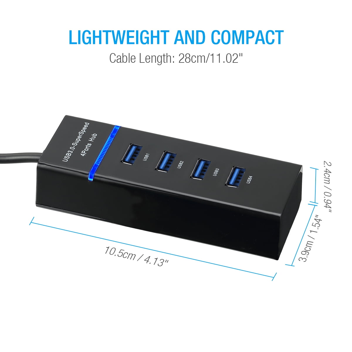 Schwarzer USB-Hub mit 4 Anschlüssen, blauem Licht und Abmessungen in Zoll und cm.