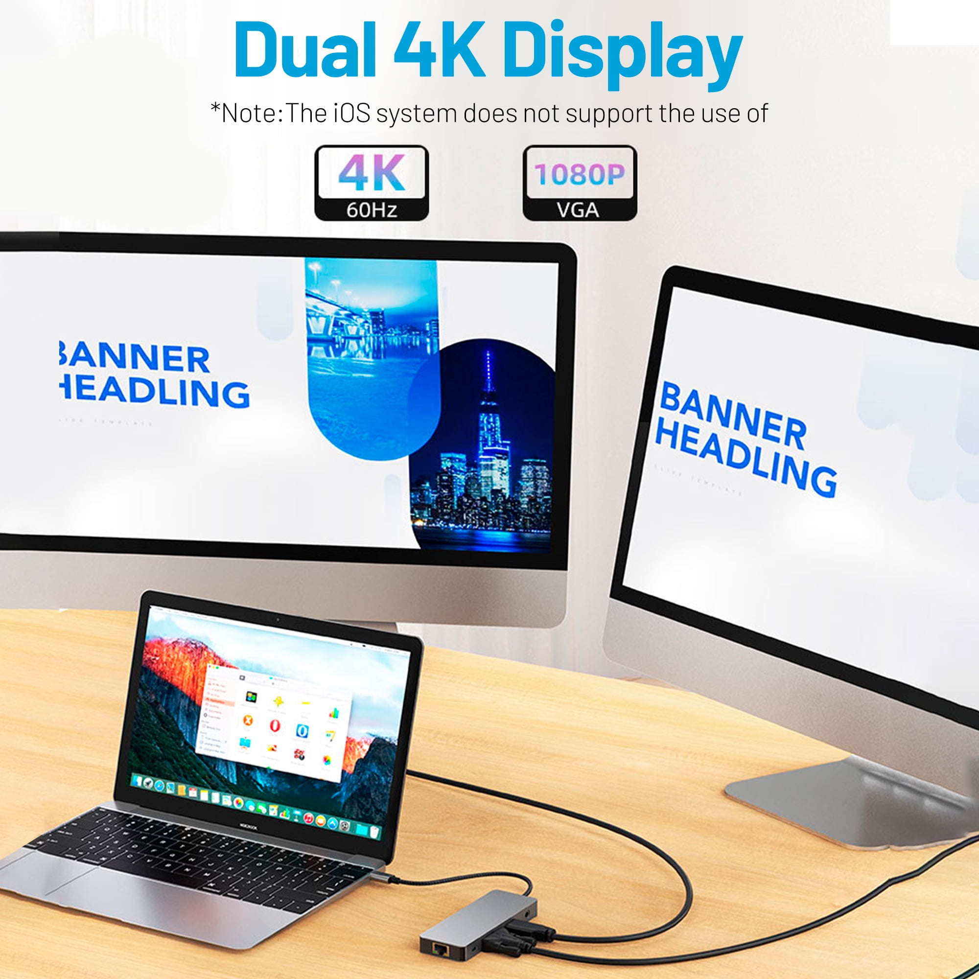 Dual 4K-Anzeige mit Laptop, zwei Monitoren und einem Hub verbunden. Der Text 'Banner-Überschrift' ist sichtbar.