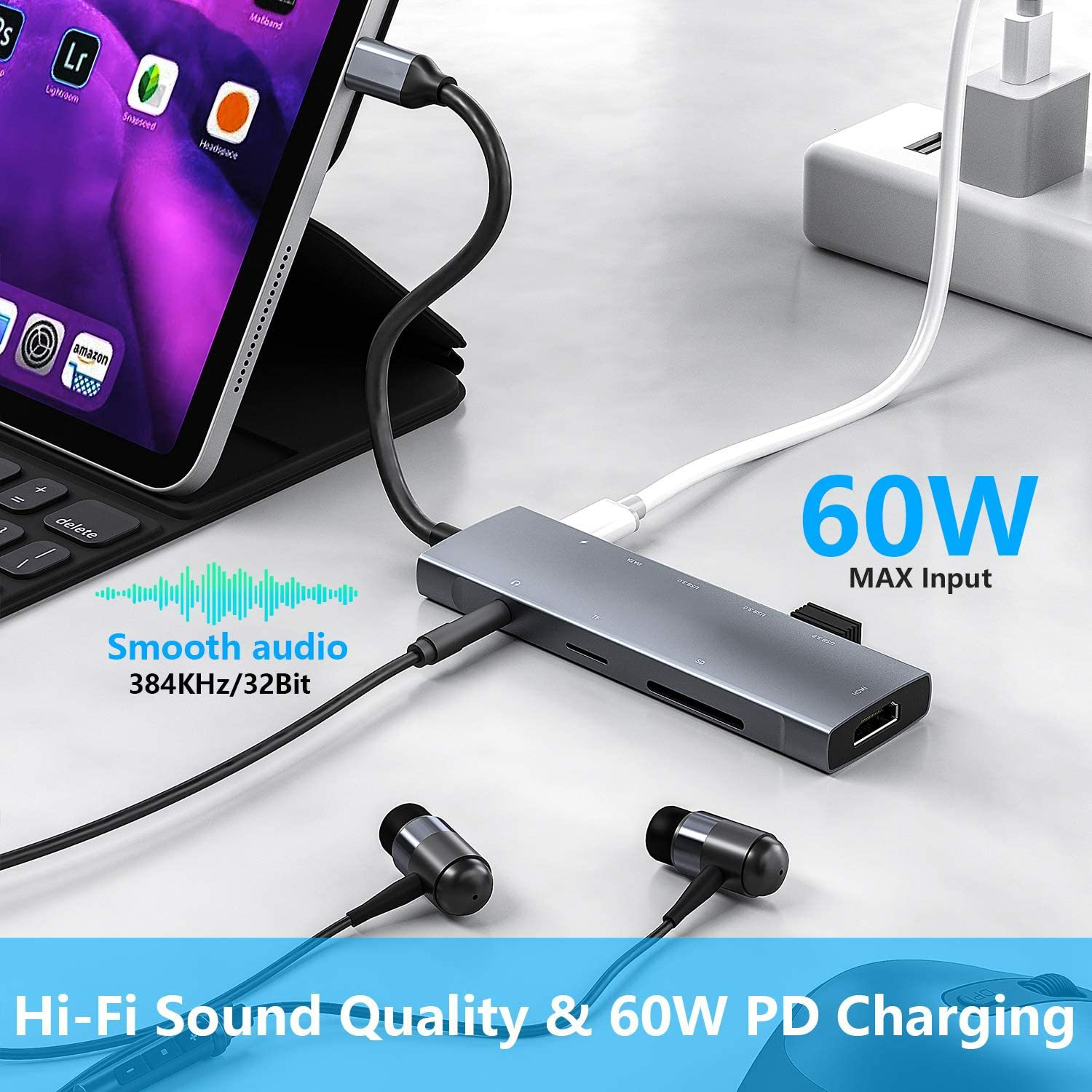 Ein Tablet, das mit einem Hub mit Anschlüssen, Kopfhörern und einem Ladegerät verbunden ist. Text: 'Hi-Fi Sound Quality'.
