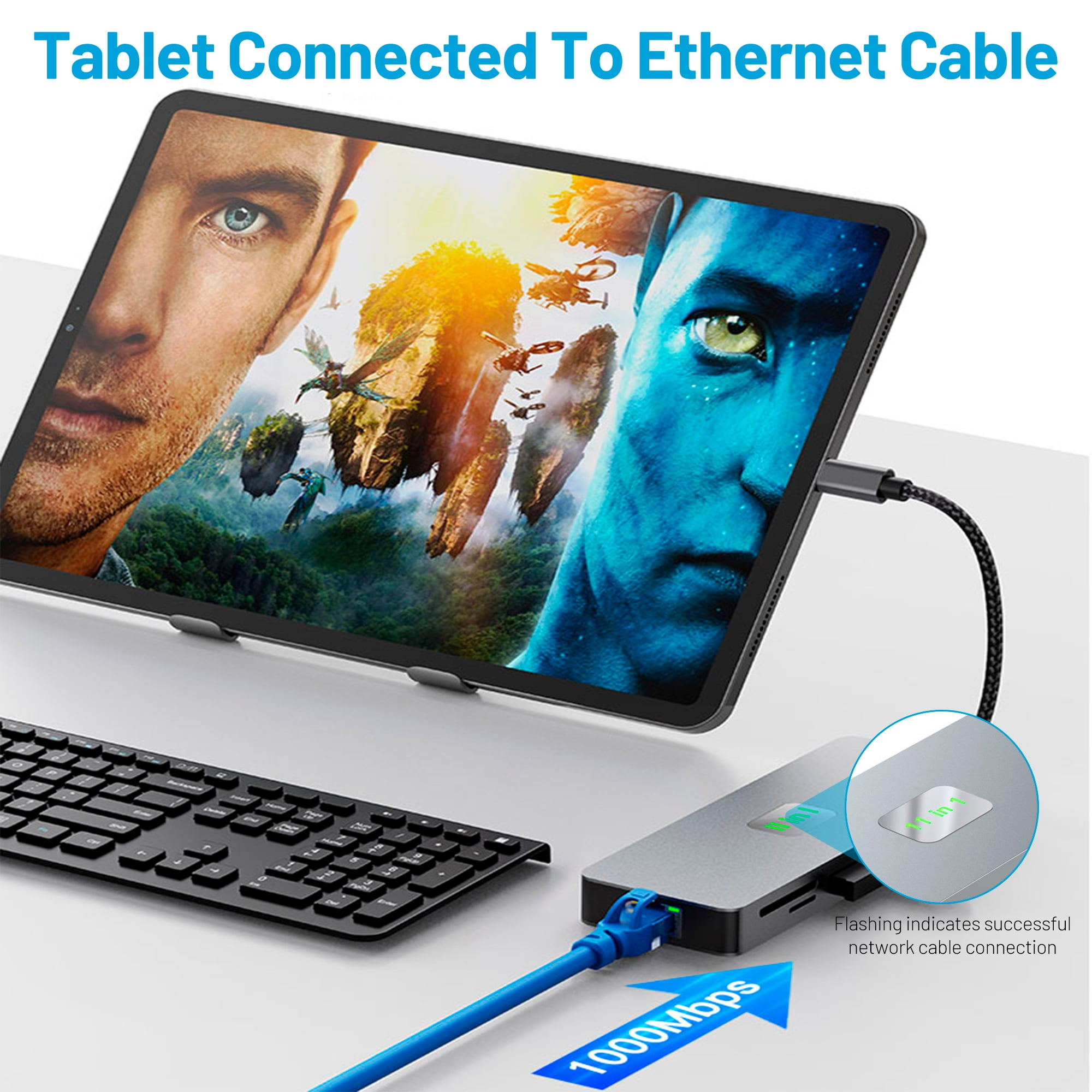 Ein Tablet, das mit einem Ethernet-Kabel verbunden ist und eine Filmszene zeigt.