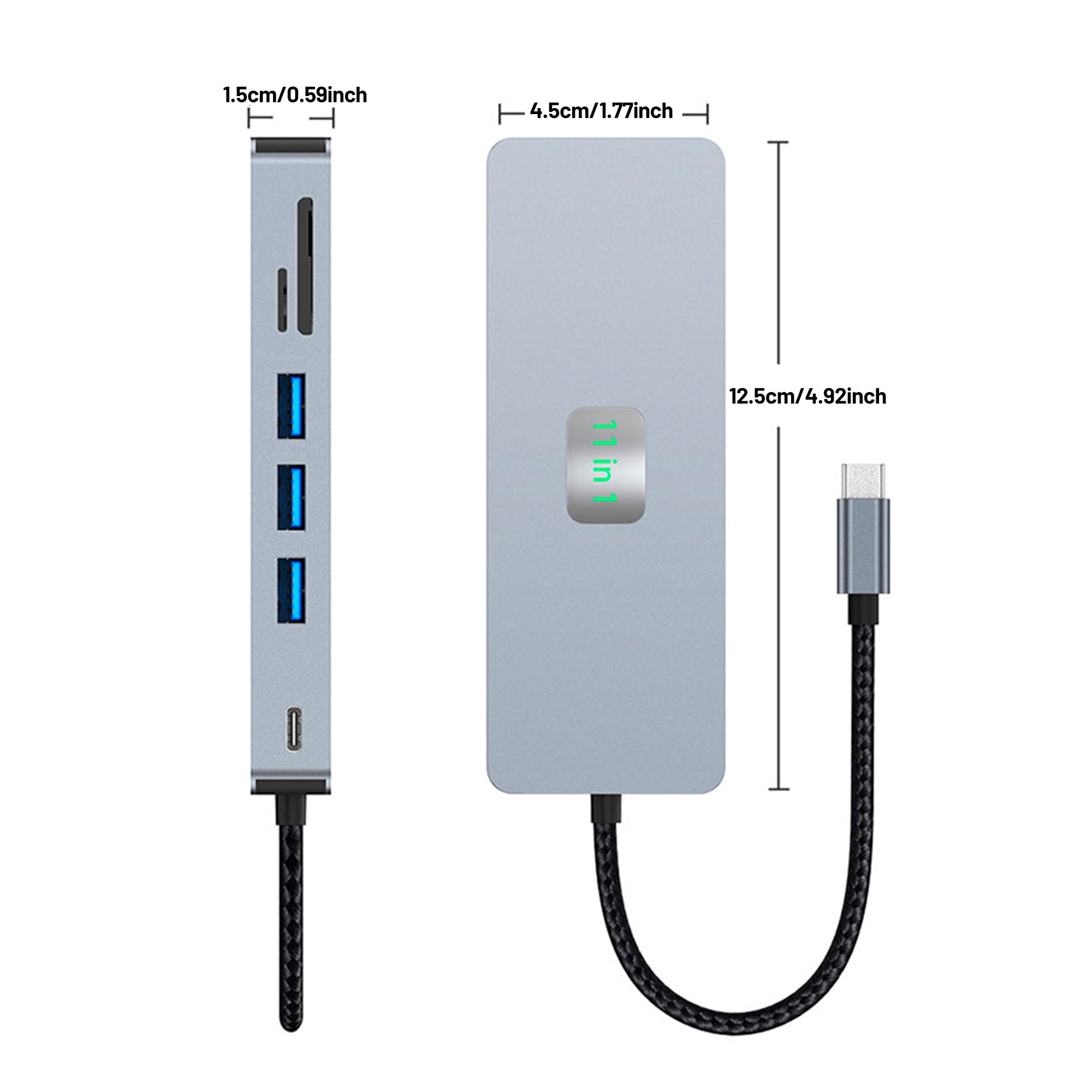 Ein silberner 11-in-1 USB-C-Hub mit drei USB-Anschlüssen, SD-Kartensteckplatz und Abmessungen.