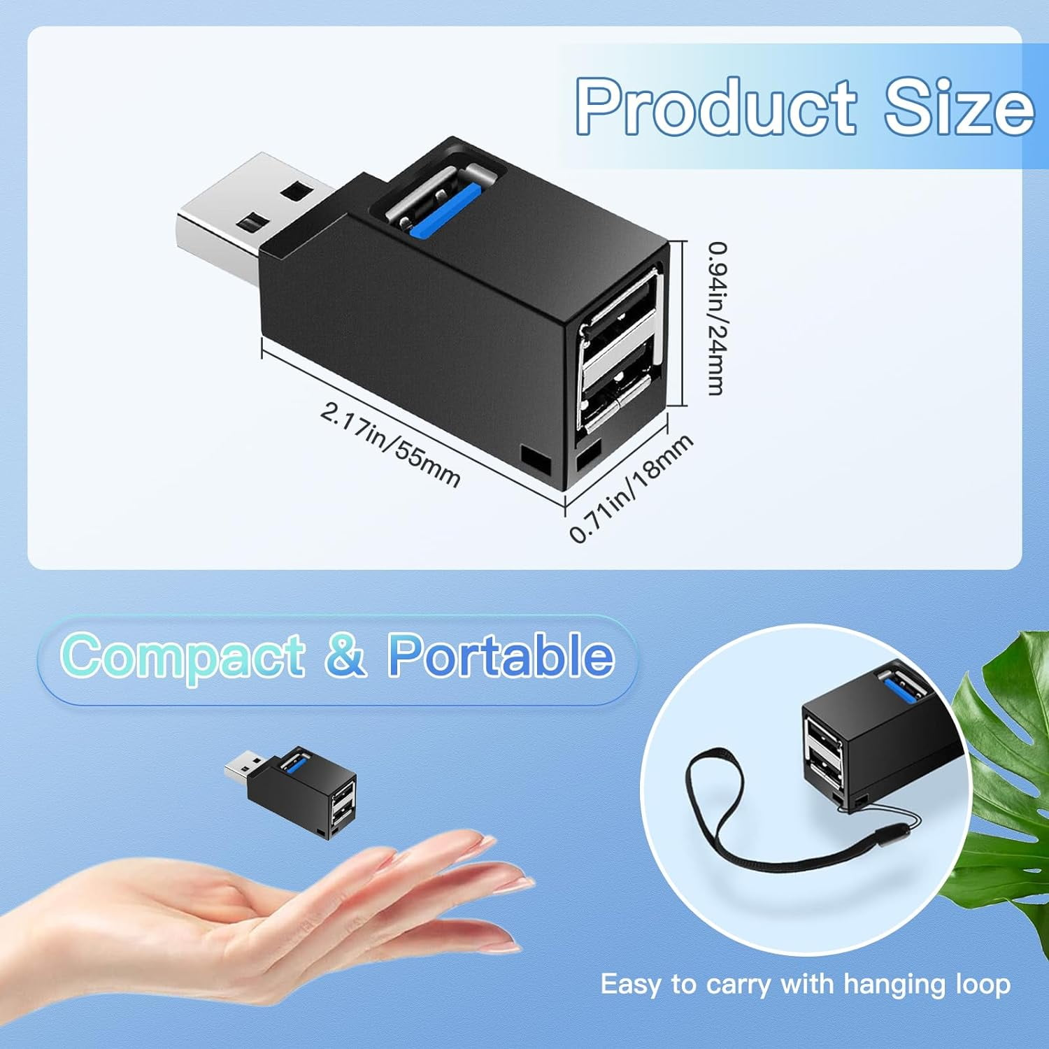 Schwarzer USB-Adapter mit Produktdetails. Der Adapter ist kompakt und tragbar mit einer Aufhängeschlaufe.