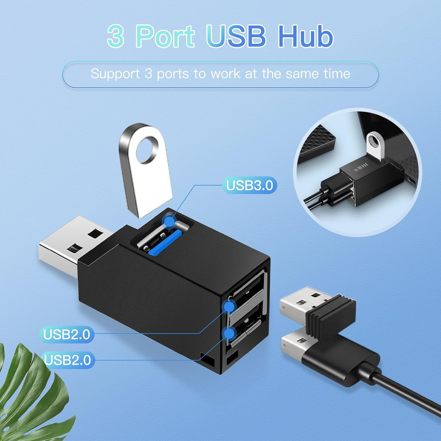 Schwarzer USB-Hub mit drei Ports und weißem USB-Anschluss. Blaue Akzente sichtbar.
