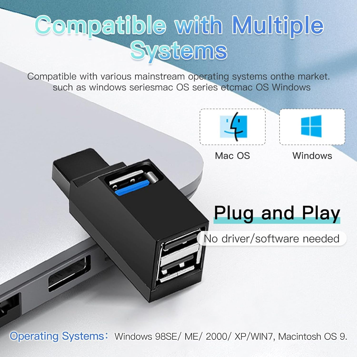 Ein USB-Adapter, der in einen Laptop eingesteckt ist, mit Logos für Mac OS und Windows.