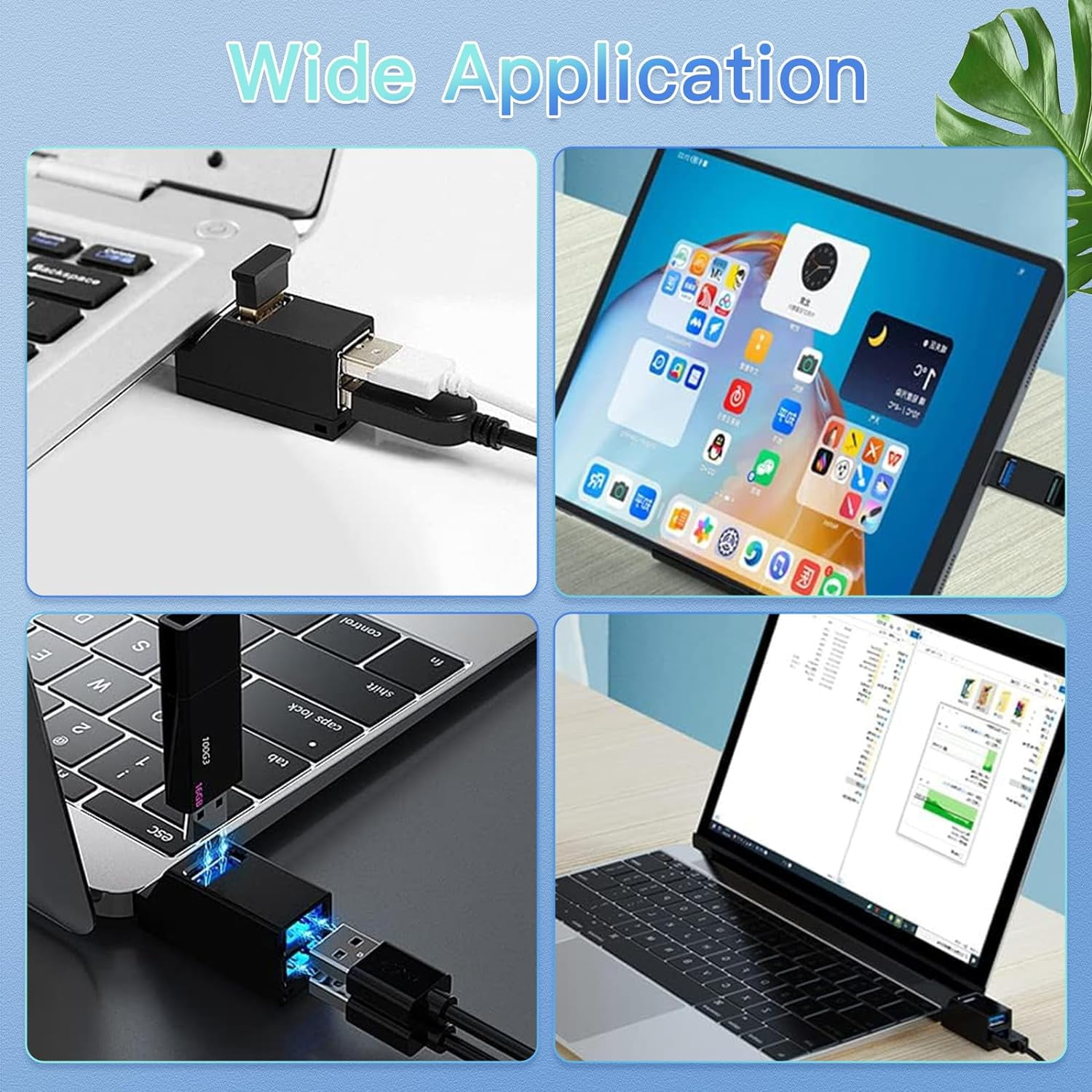 Mehrere Bilder zeigen verschiedene Verwendungen eines USB-Hubs. An einen Laptop und andere Geräte angeschlossen.